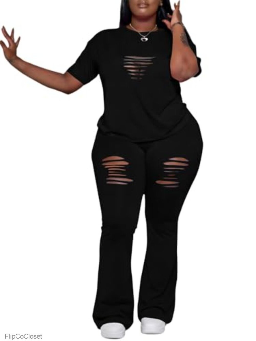Plus Size 2 Piece Outfit Short Sleeve Top Flared Pants Set